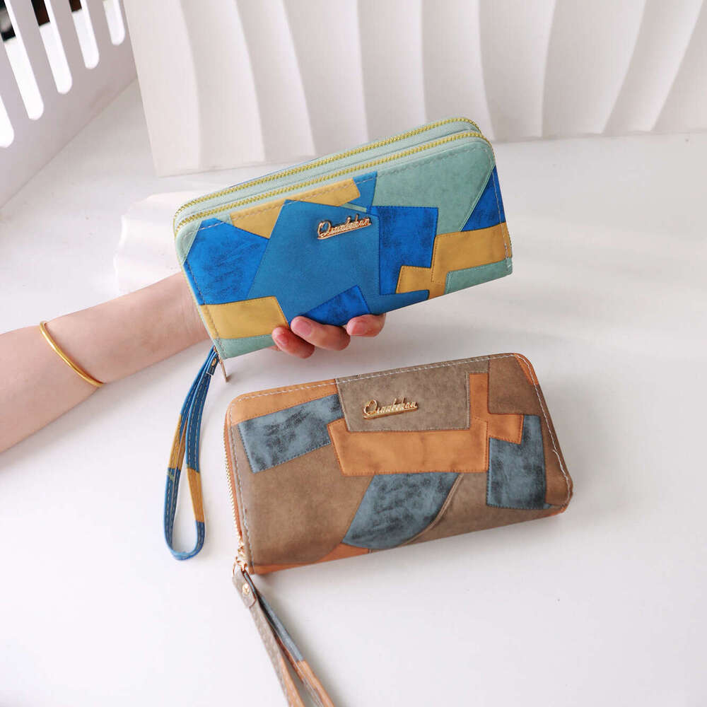 2025 New Women's Leather Wallet Color Block Double Zipper Large Capacity Clutch Simple High-end Phone Bag