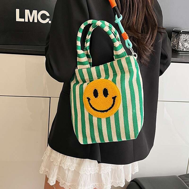 2025 Summer New Canvas Women's Bag Smiley Face Cute Cartoon Commuter Tote Large Capacity Crossbody Handbag Trendy