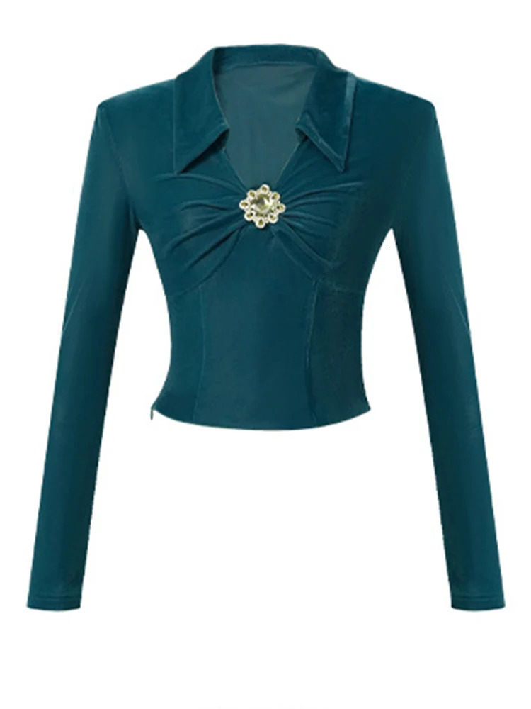 Women Clothes Sexy Solid Color Velvet T-Shirt Elegant Lapel Blouse Female Folds Tops Bottoming Slim Pullover Jumper Spring New