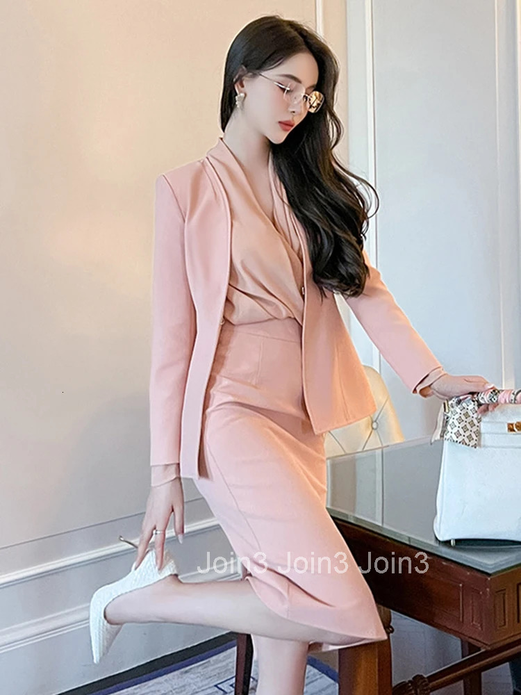 New Spring Autumn 2 Pieces Outfits Suits Women Temperament Formal Simple Tops Coat Blazer Suit High Waist Midi Skirt Pencil Set