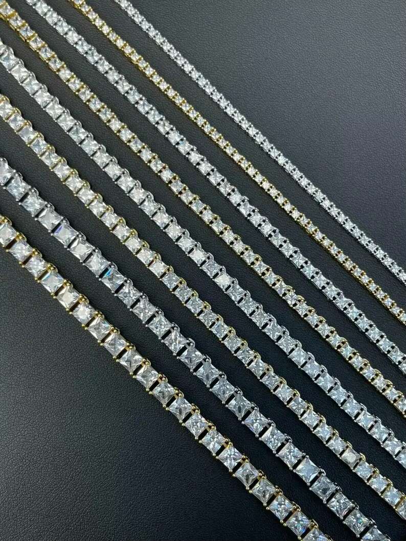 Fully Iced Out Starling Silver Square Princess Cut Moissanite Diamond Tennis Chain Necklace Hip Hop Jewelry Customized Jewelry
