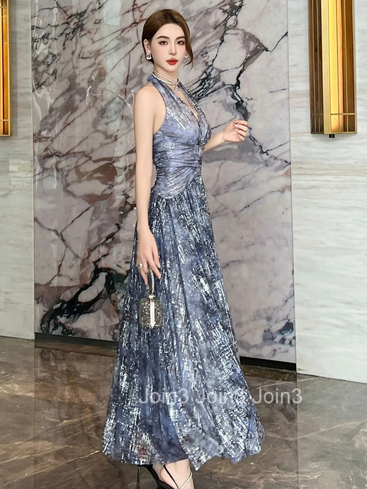 New Elegant Summer Sparkly Evening Dress Women Clothes Retro Sexy Halter Slim Maxi Party Prom Robe Beach Vestidos Fiesta Fashion