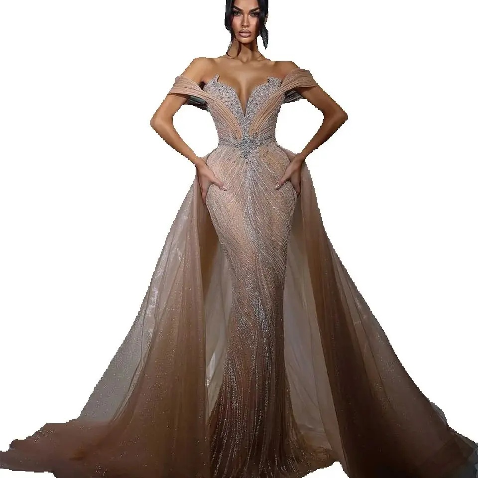 Elegant Off Shoulder Mermaid Evening Dresses Fashion Beaded Crystal Prom Dress Detachable Train Sequins Party Gown Customized