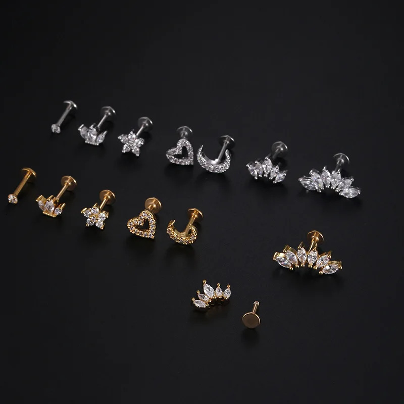 1Piece 12mm Heart Flower Crown Cartilage Earrings Stainless Steel Zircon Conch Rook Tragus Stud Labret Back Piercing Jewelry 250613