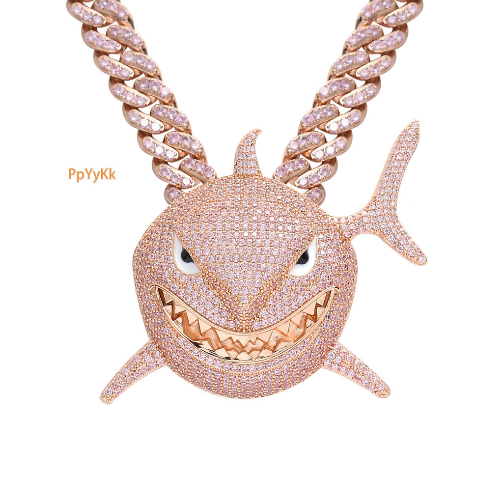 New Oversized Pink Shark Iced Out Bling Hip Hop Men's Moissanite Luxury Pendant Necklace Trendy Versatile Swag Pass the diamond tester