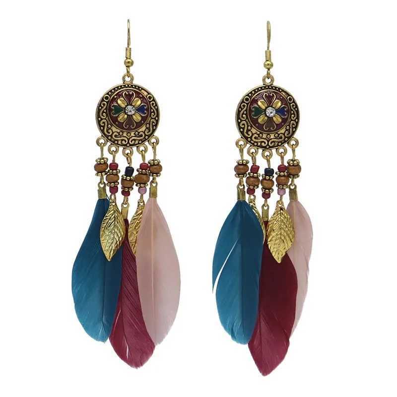 Boho Feather Tassel Earrings 2024 Train Elegant Antique Alloy Carved Wood Bead Dangling Earrings Women Party Jewelry XJ250623