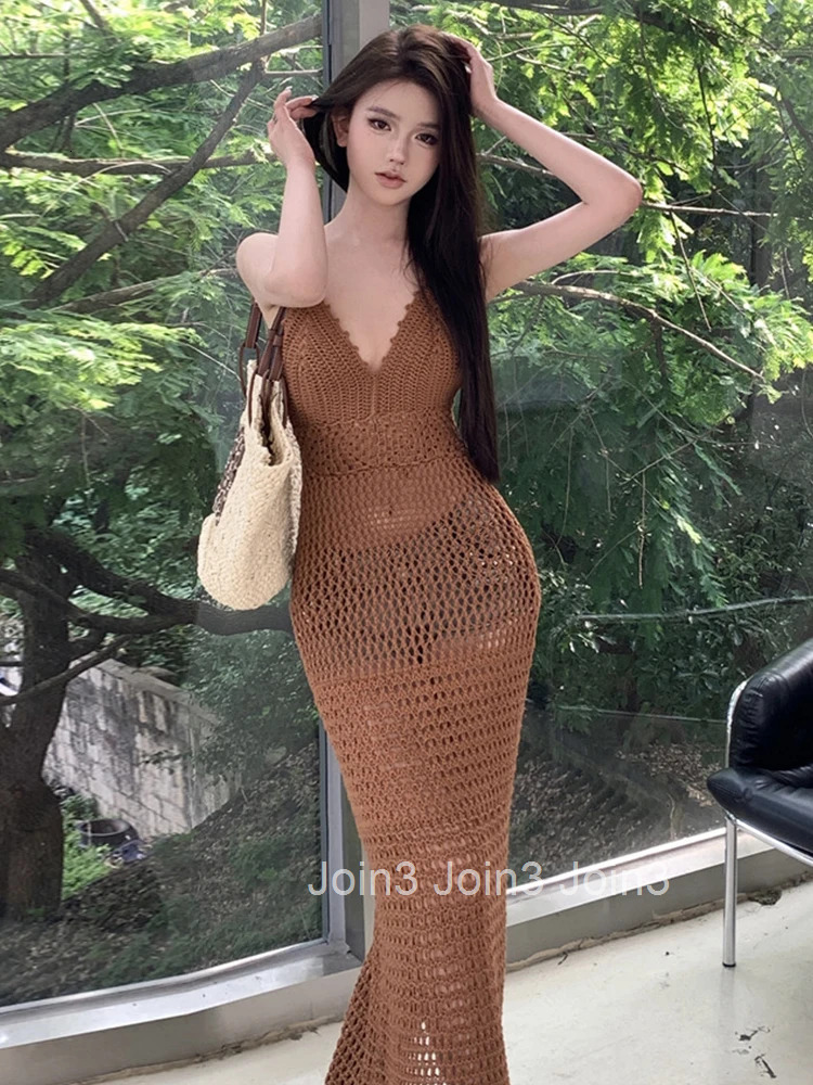 Summer Women Clothing Long Vacation Dress Pretty Knitted Chic Sheer Sexy Backless Skinny Maxi Robe Mujer Vestido Bikini Cover Up