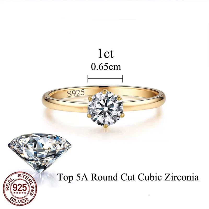 QooLady 925 Sterling Silver Shiny Round Cubic Zircon Gold Color Ring for Women Bridal Engagement Wedding Band Jewelry Gift SR053 250617