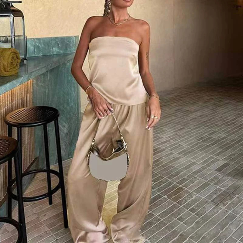 Women Elegant Strapless Loose Outfits Fashion Hight Waist Solid Satin 2Pc Suit Sexy Off Shoulder Sleeveless Tops Long Pant Set 250616