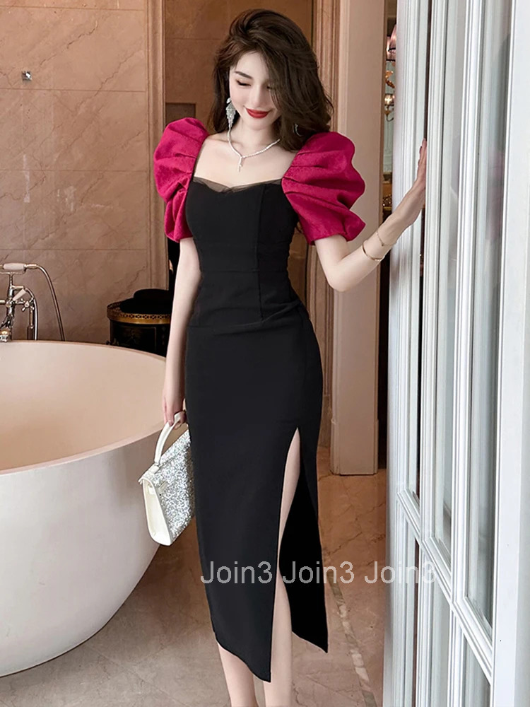 Summer Elegant Women Evening Dress Vintage Sexy Square Collar Slit Slim Midi Pencil Party Club Prom Robe Femme Mujer Vestidos