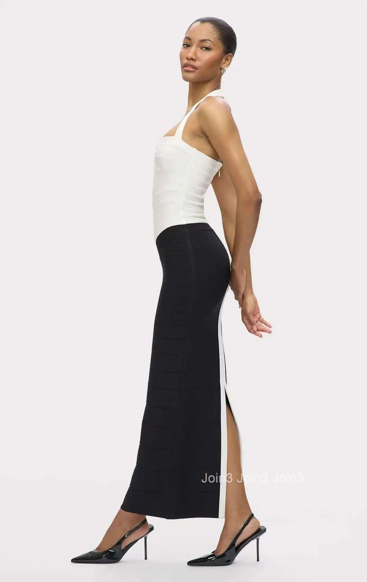 White Beige Halter Neck Bodycon Dress 2025 Elegant Formal Party Guest Dress with High Waist Two-Tone Slim Fit Evening Gown