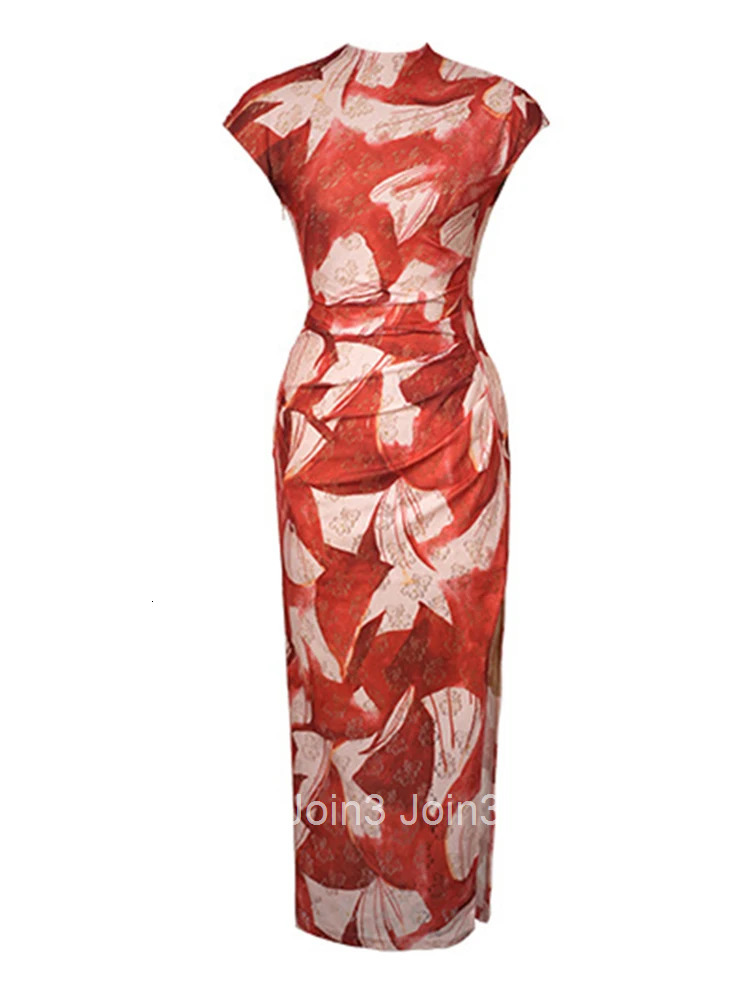 Summer Long Dress Elegant Women Mesh Print Sexy Sleeveless Skinny Slit Maxi Party Prom Robe Femme Mujer Vestido Stretchy Clothes