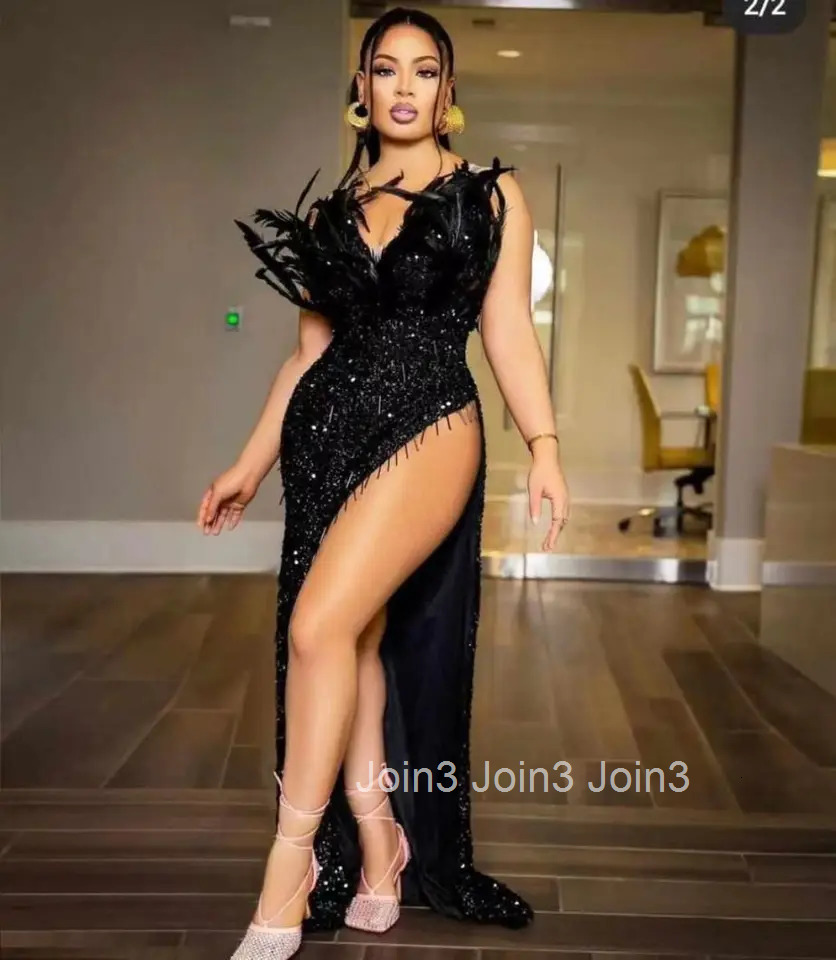 Newest Womens Bra Low Neck Sequin Feather Sleeveless Dress with High Slit Black Red-Carpet Evening Fishtail Clothing for Ladies