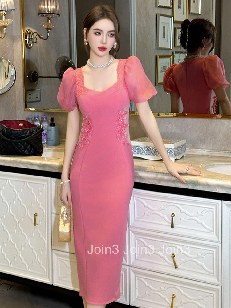 Summer Fashion Formal Occasion Evening Dress Women Clothing Elegant Luxury Sweet Sheer Sexy Puff Sleeve Slim Party Prom Vestidos