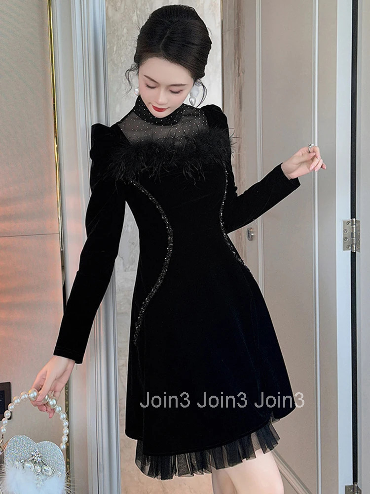 Women Clothes Retro Black Velvet Sheer Mesh Sexy Stand Neck Slim A-Line Mini Short Dress Elegant Fashion Party Vestidos Casual