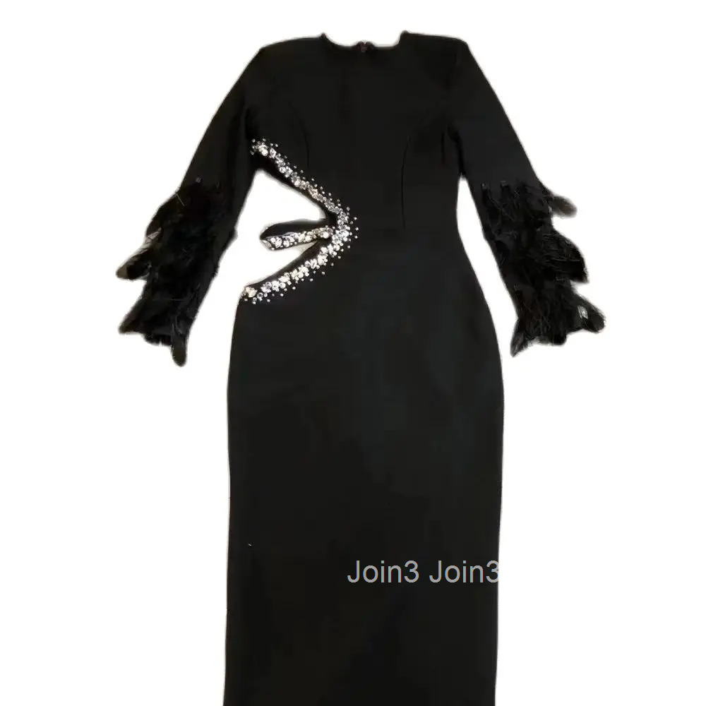 Spring Womens Clothing Elegant Vintage Black Long Sleeves With Feathers Gown Sexy Side Waist Cut Out Rhinestone Bandage Dress