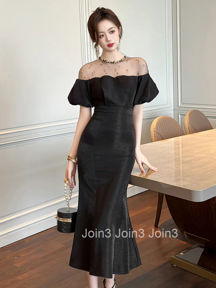 Elegant Luxury Formal Occasion Evening Dress Women Clothes Chic Mesh Sheer Sexy O-Neck Puff Sleeve Midi Robe Party Prom Vestidos