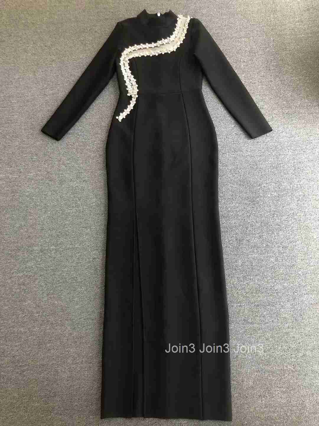 Bandage Dress For Women Black Elegant Long Sleeve Autumn/Winter Sexy Gauze Splicing Diamond Embelling Slit Evening Party Gown