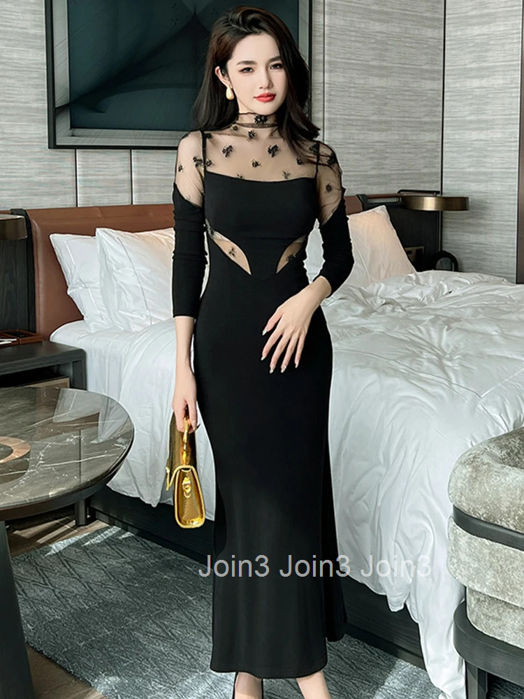 Ladies Christmas Sexy Evening Long Dresses Mujer Women Clothes Mesh Sheer Skinny Slim Maxi Party Prom Robe Femme Vestido Fashion