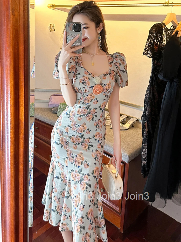 Summer Evening Dress Elegant Women Chic Flower Sexy Square Collar Slim Midi Party Prom Robe Femme Mujer Vestidos Street Clothes