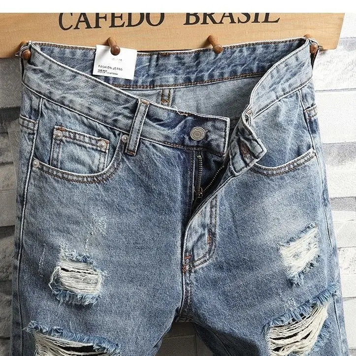 Summer Light-colored Ripped Denim Shorts Mens Loose Pants Mens Korean Trendy Pants for Cool Cowboy Distressed Jeans 250617
