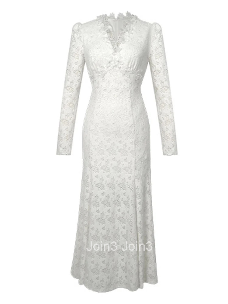 Women Clothes Sweet White Lace Print V-Neck Slim Fishtail Long Dress Elegant Fashion Party Prom Vestidos Robe Autumn Winter New