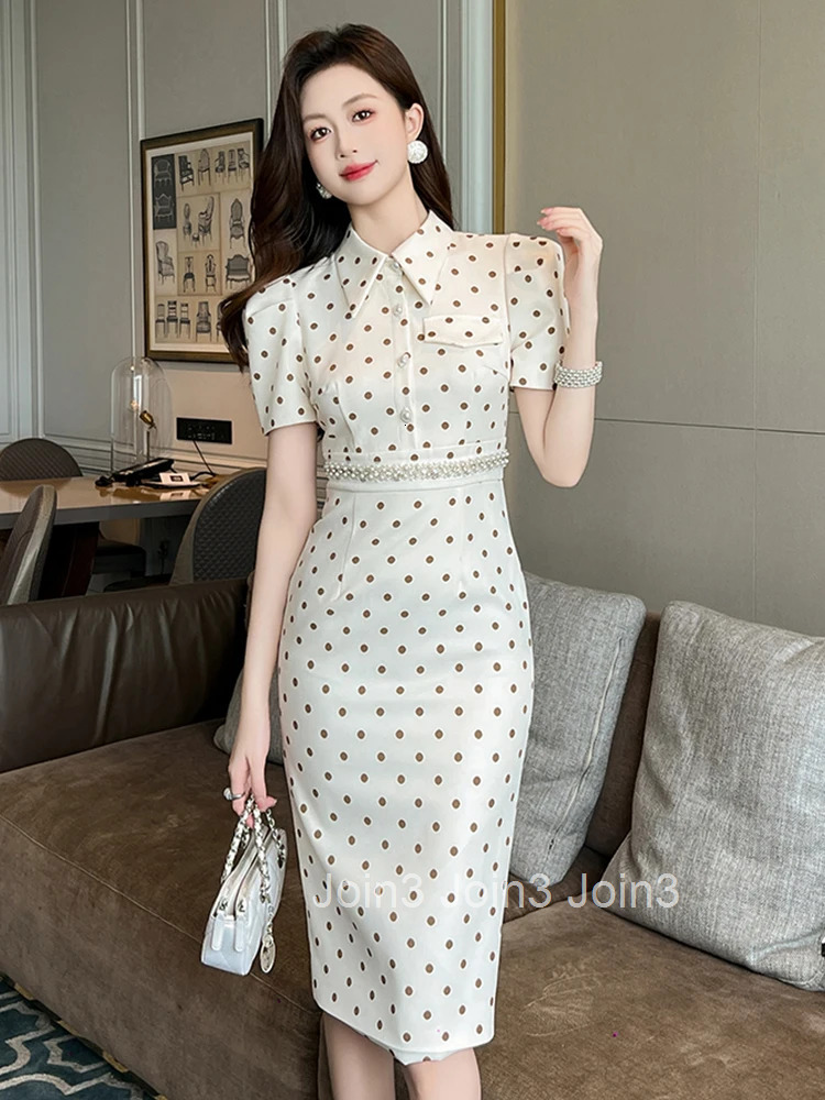 Women Clothes Vintage Dot Print Short Sleeve Slim Midi Pencil Dress Elegant Business Fashion Vestidos Formal Occasion Casual New