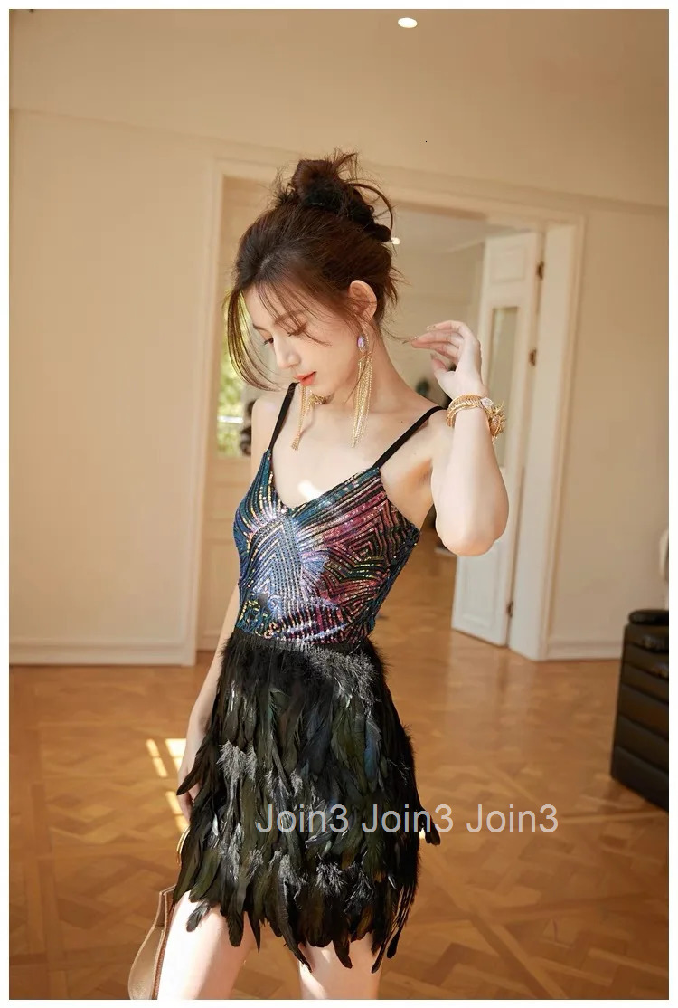 Fashion Dress For Women Chic Feather Colorful Sequins Sling Skirt V-neck Sundress Birthday Party Club Clothing(72h Shipment)