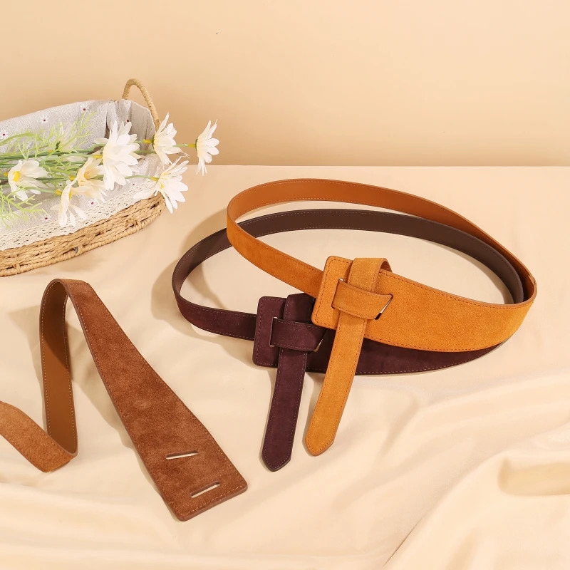 Womens Belt Suede Cowhide Leather Tie Knot n Adjustable Waist Belt Without Buckle for Dresses Jeans Coats 250617