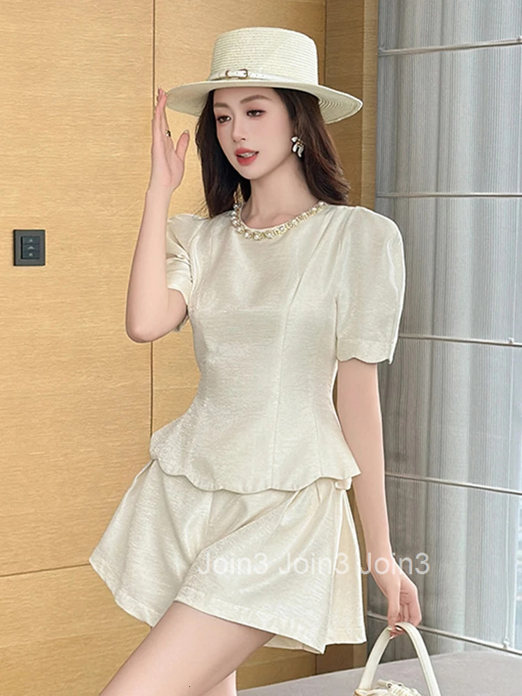 New Summer Casual 2 Pieces Outfit Women Clothes Elegant Retro Puff Sleeve Slim Tops Shirt Blouse And High Waist Shorts Mujer Set