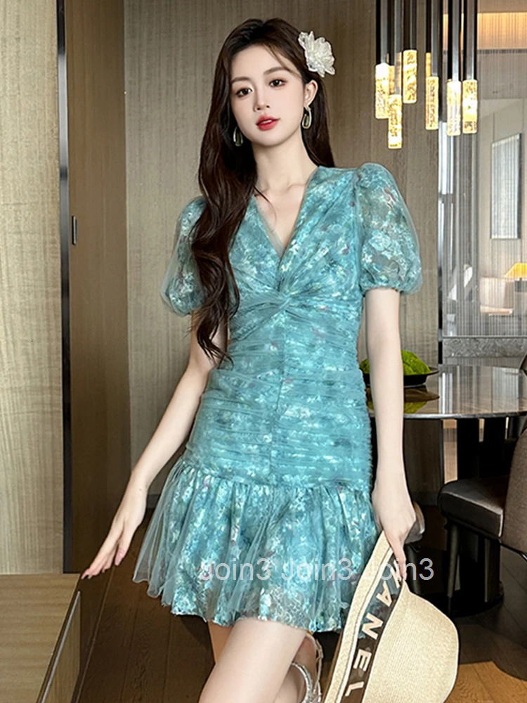 Summer Fashion Blue Mesh Floral Print V-Neck Mermaid Short Dress Women Clothes Sweet Puff Sleeve Skinny Folds Party Prom Vestido