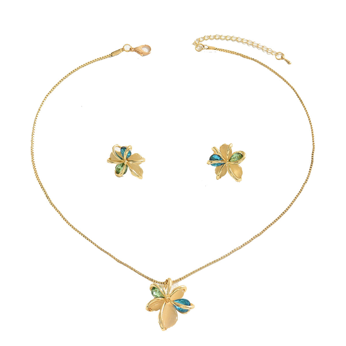 Artistic Fresh Earrings Women's Necklace Set Baroque Style Inlaid Flower Studs Clavicle Chain