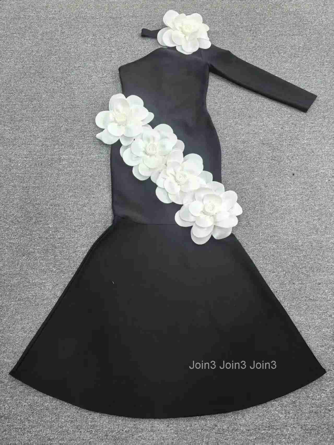 Womens Black A-Line Bandage Fit One Shoulder Mermaid Gown with Three Dimensional Floral Couture Applique Formal Evening Dress