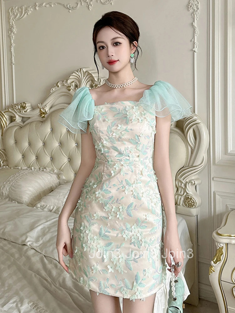 Summer Fashion Lace Sequin Floral Vacation Evening Dress Women Clothes Girls Sweet Sexy Bubble Sleeve Slim Party Prom Vestidos