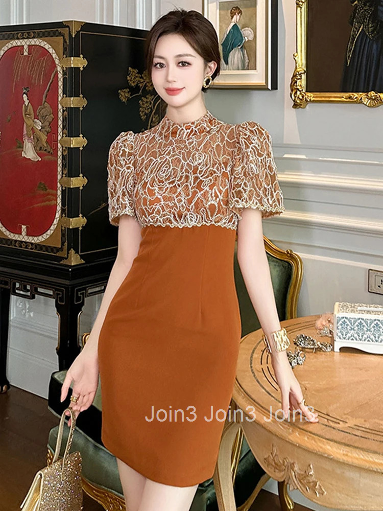 Summer Work Style Formal Pencil Short Dress Women Clothes Elegant Office Commute Chic Retro Puff Sleeve Slim Party Prom Vestidos