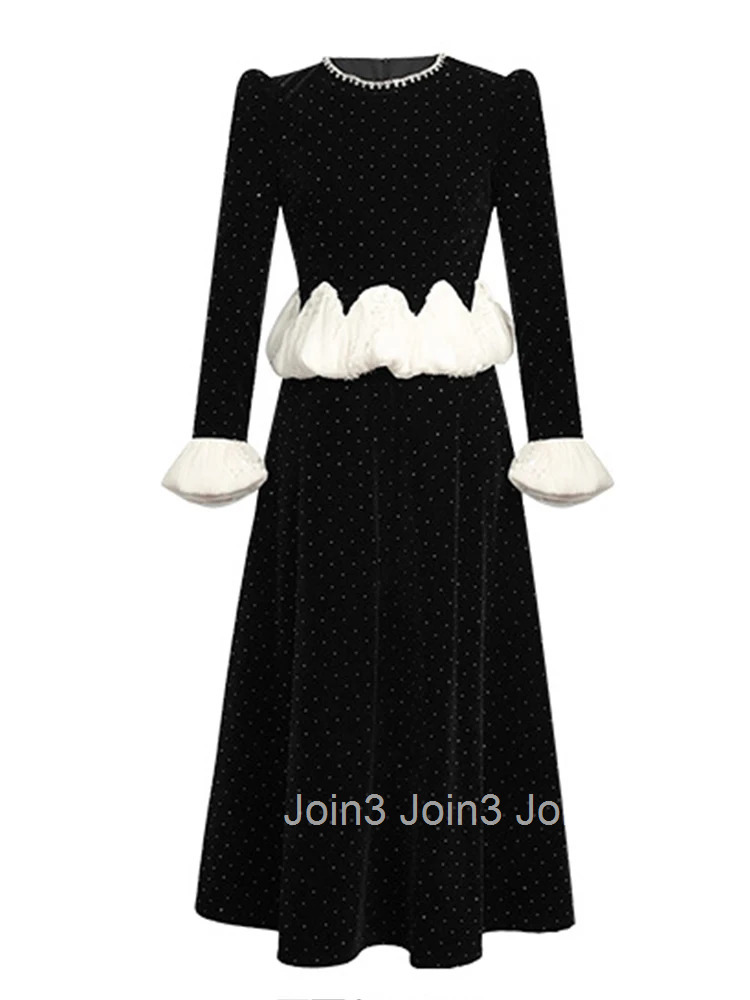 Women Clothes Fake 2-Piece Elegant Luxury Diamonds Black Velvet O-Neck Slim Midi A-Line Dress Fashion Party Prom Vestidos Robe