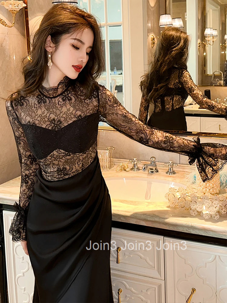 Spring Autumn Lace Fashion Women Evening Dress Chic Black Sheer Sexy Flare Sleeve Slim Midi Party Club Robe Femme Mujer Vestidos