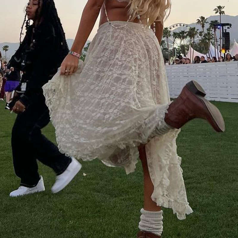 American Style Trendy Lace Irregular Hem Solid Color Midi Summer Thin Long Skirt B5