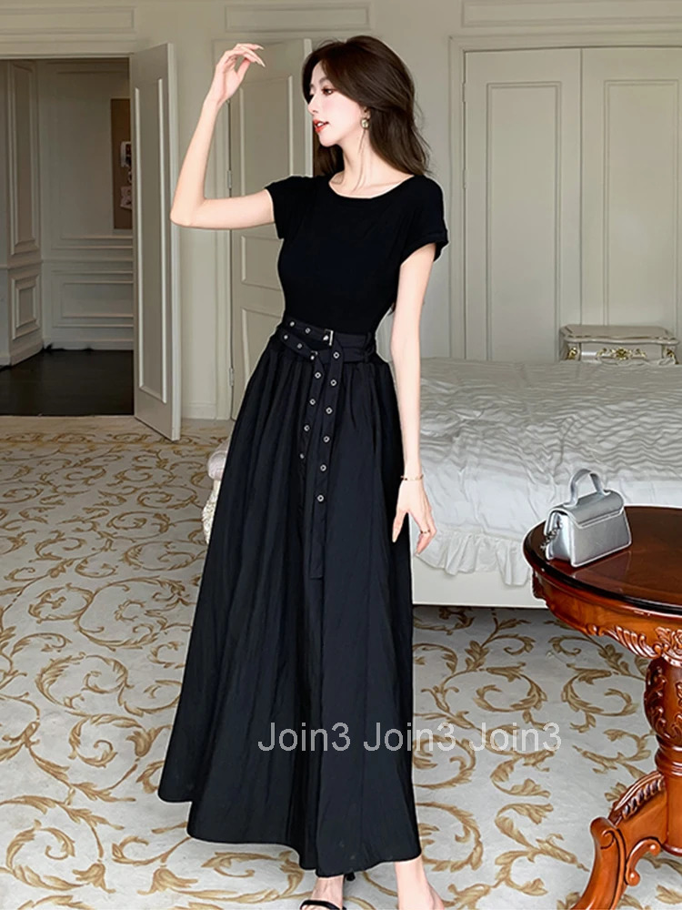 Summer Black Simple A-Line Long Dress Women Elegant Casual O-Neck Short Sleeve Slim Belt Maxi Robe Femme Vestidos Street Clothes