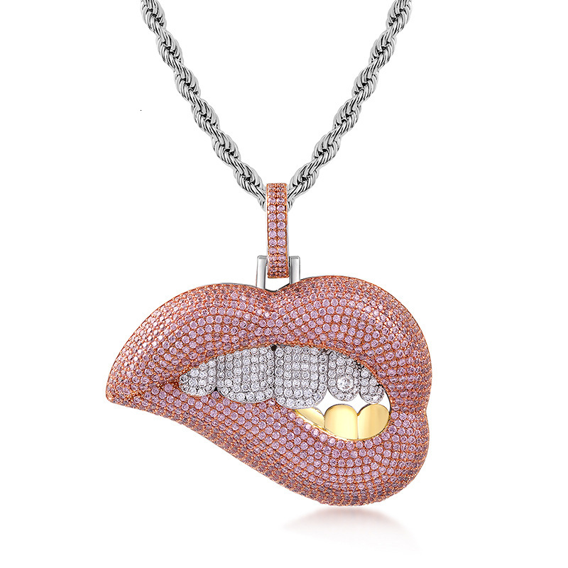 Moissanite Jewelry Sexy Biting Lip Pendant Micro Paved Pink Diamond Hip Hop Unique Bling Bling Trendy Necklace