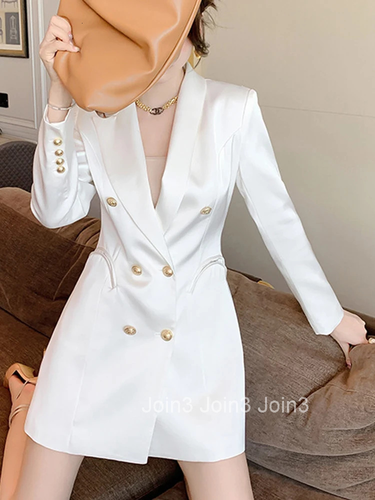 Fashion Vintage Blazer Double breasted Long Sleeve Mini Dress Women OL Elegant Casual White Imitation Silk Acetate Female Dress