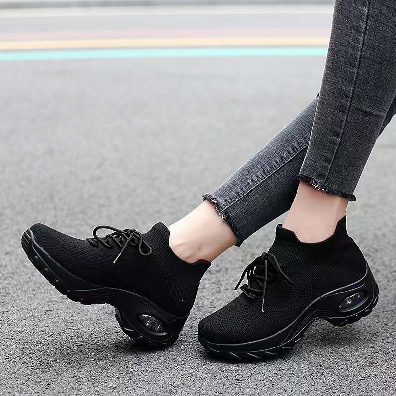 Air Cushion Women's Thick Sole Height Increasing Ladies Sports Casual Fashion Lightweight Flyknit Breathable Trendy Shoes