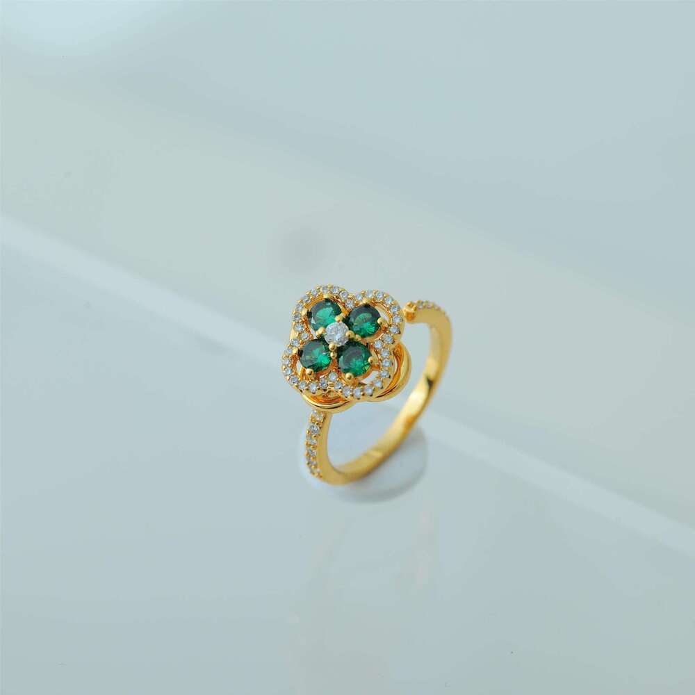 Korean Japanese Style Small and Exquisite Micro-inlaid Green Rotating Zircon Four-leaf Flower Internet Celebrity Personality Versatile Super Shiny Fas