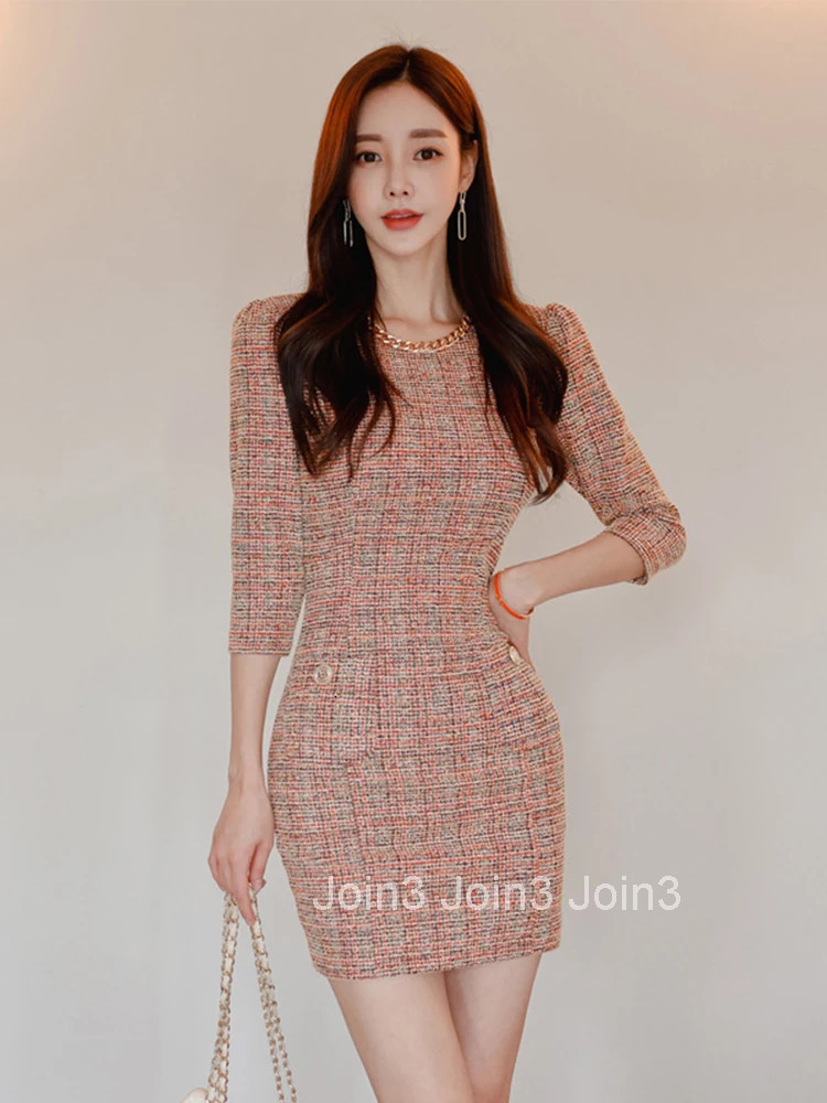 New Autumn Winter Elegant Short Dresses For Women Lady Formal Tweed Retro Sexy O-Neck Wrap Hip Mini Mujer Vestido Street Clothes