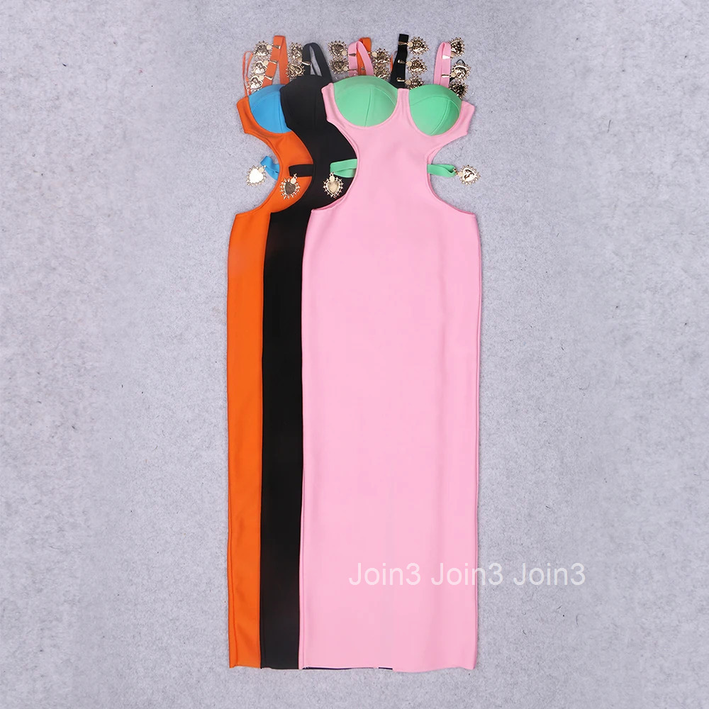 Newest Hotsweet Hollow Out Backless Bandage Dress Women Sexy Color-Blocking Spaghetti Strap Vestido Birthday Party Club Gown2025