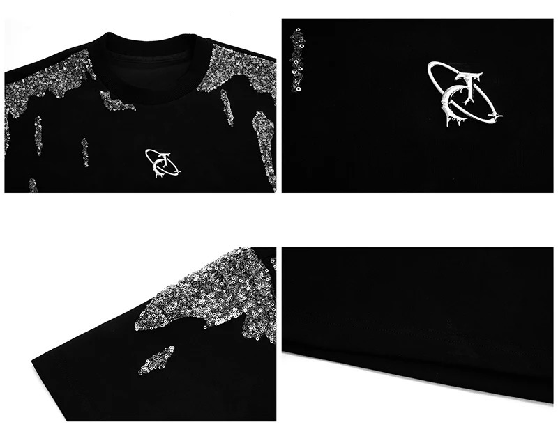 LUZHEN Handsome Streetwear Sequin Patchwork Pattern Short Sleeve T-shirts Men Summer Loose Shoulder Pad Fashion Tops JY1402 250616