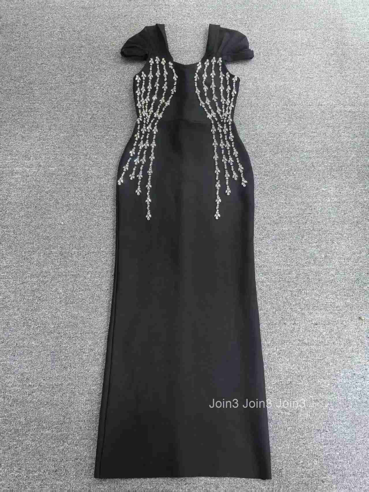 Womens Black Bandage Dress Off-Shoulder Crystal Embellished Gown Beaded Bodice Ruffled Straps Formal Evening Wear Party Dress