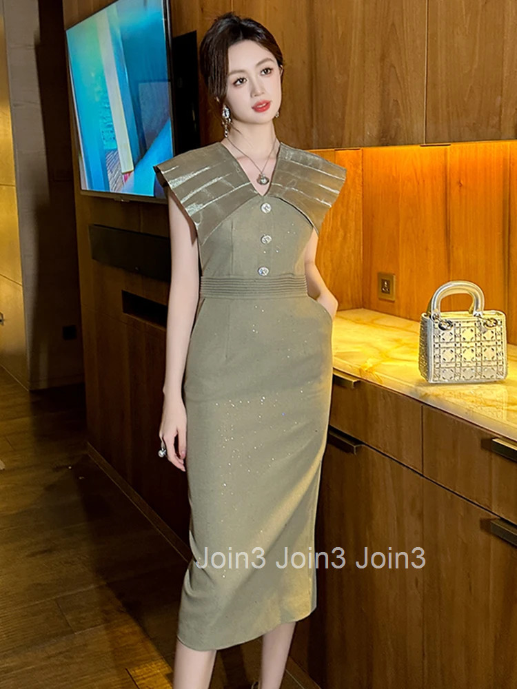 Summer Retro Business Elegant Office Formal Occasion Dress Women Clothes Commute Sweet Sleeveless Slim Midi Pencil Robe Vestidos