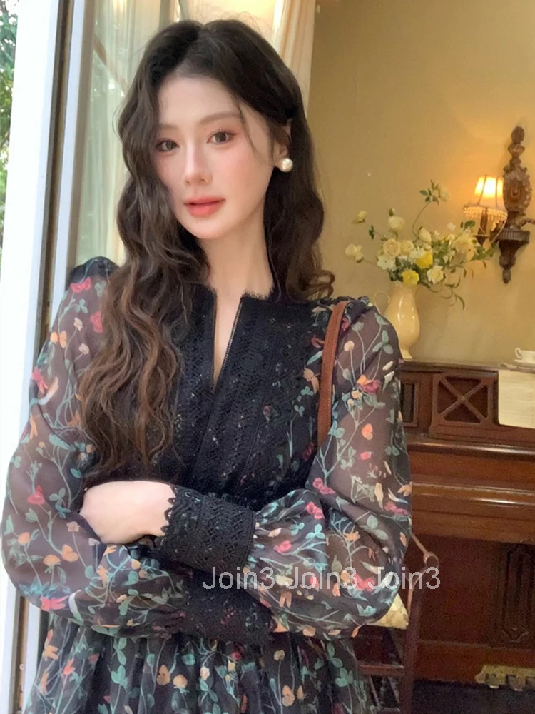 French Style Fashionable Retro Dress Women Cute Print Lace High Waist Ball Gown Lady Coffee Break Street Vestido Holiday Clothes