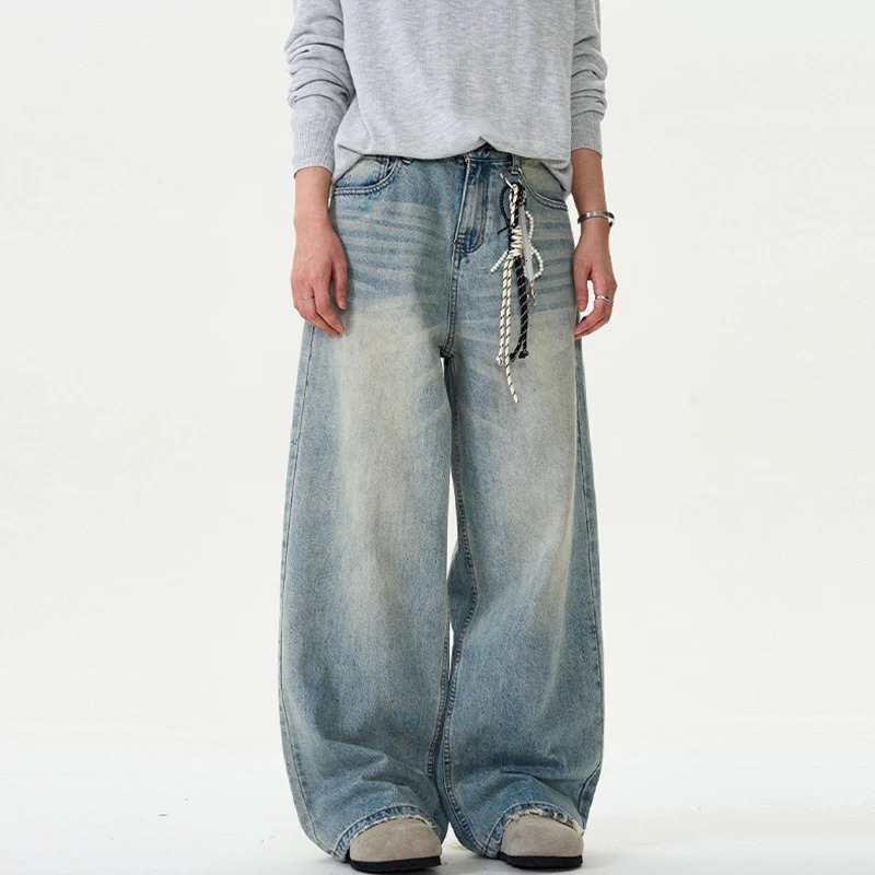 IEFB Distressed Jeans Solid Color Washing Summer Men Trousers Loose Wide Leg Casual Straight Moustache Effect Male Bottom 9W665 250618